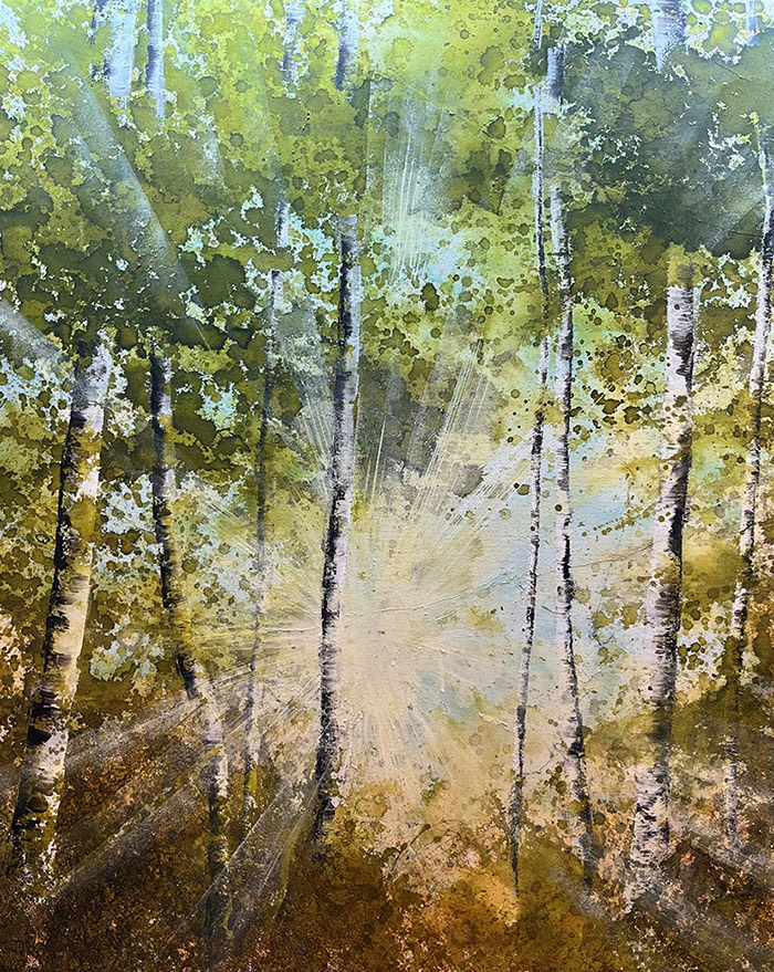 STIMMUNG IM BIRKENWALD von Monika Biermann Kurs im Atelier boesner in Aarberg mit Monika Biermann Acrylmalkurs