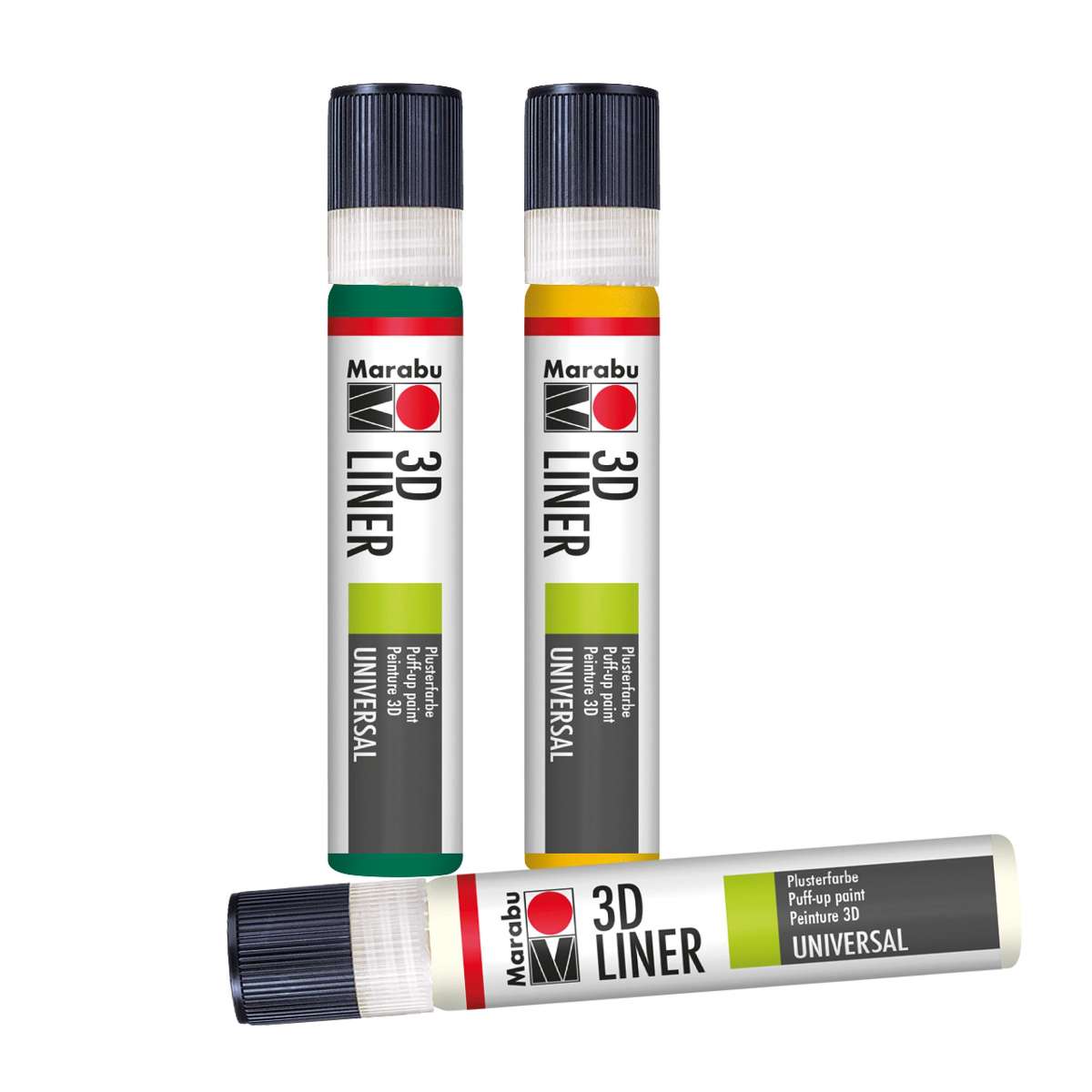 Marabu 1803000000050 - 3D Liner, Universelle Effektfarbe Auf Wasserbasis, Für Samtartige Pluster- Und Reliefeffekte Auf Vielen Untergründen, Speichelecht, 4 X 25 Ml In Rot, Grün, Gelb Und Blau