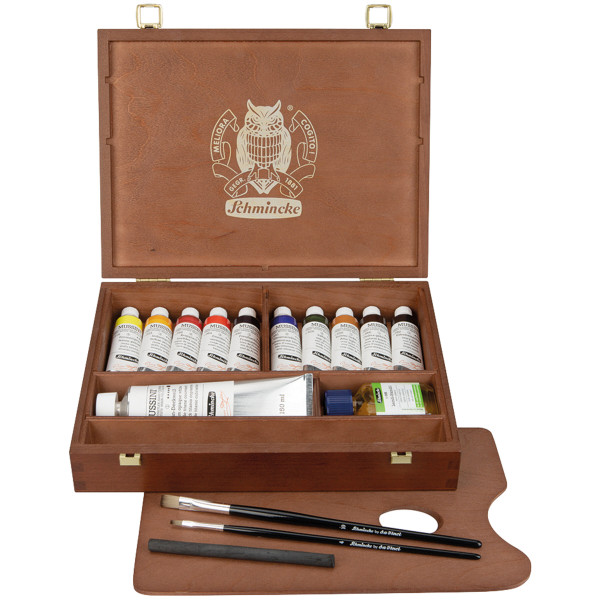 Schmincke – Mussini Set de peintures à l'huile avec accessoires dans un coffret en bois